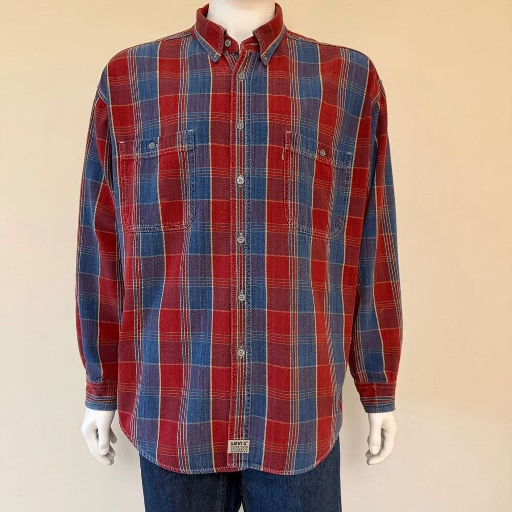 Vintage 90’s Levis‎ Authentic Jeanswear Mens XL Red Blue Plaid Button Down